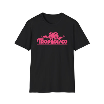 Black t-shirt with hot pink "Tropi Disco" text and palm tree graphic.