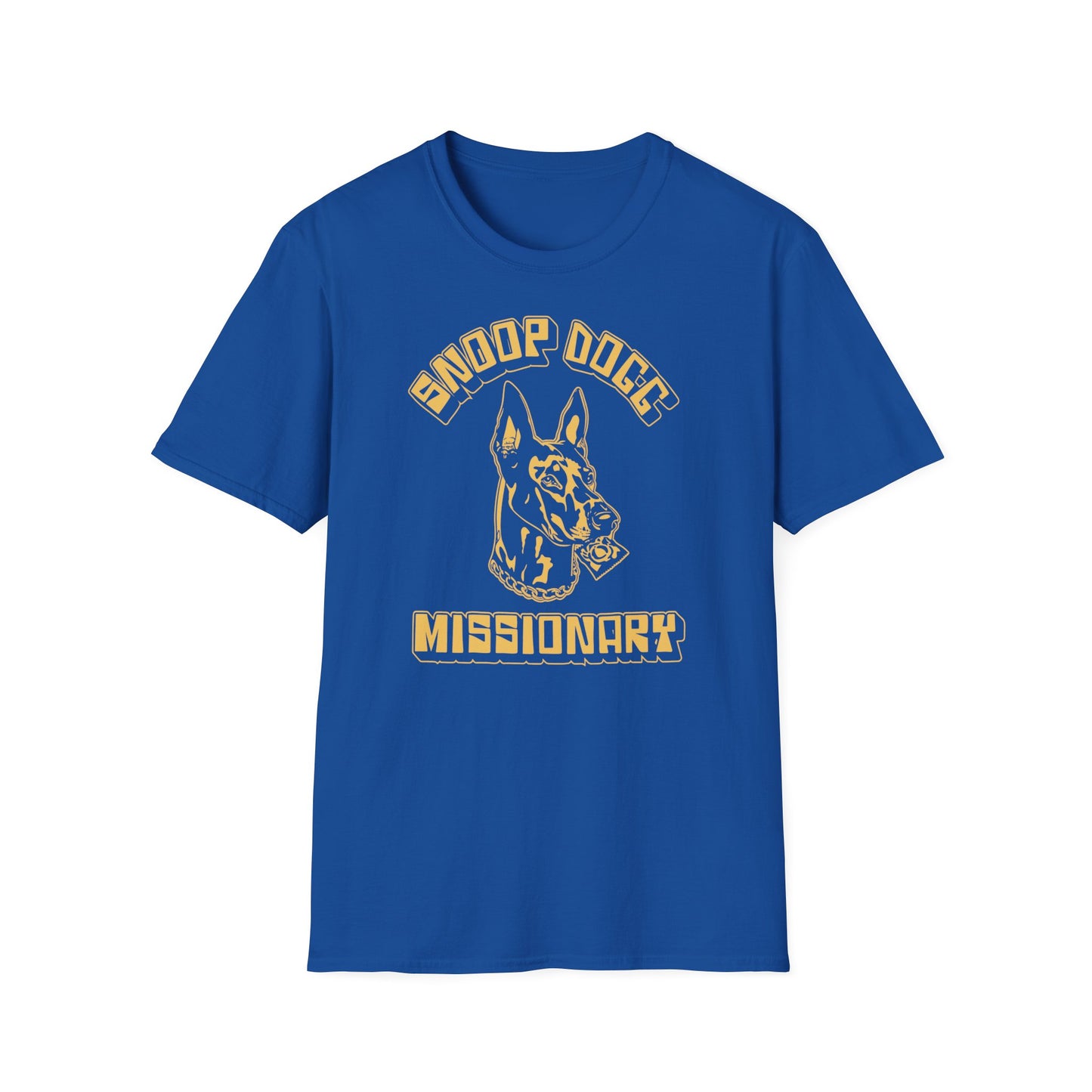 Blue t-shirt with yellow dog head with condom graphic.