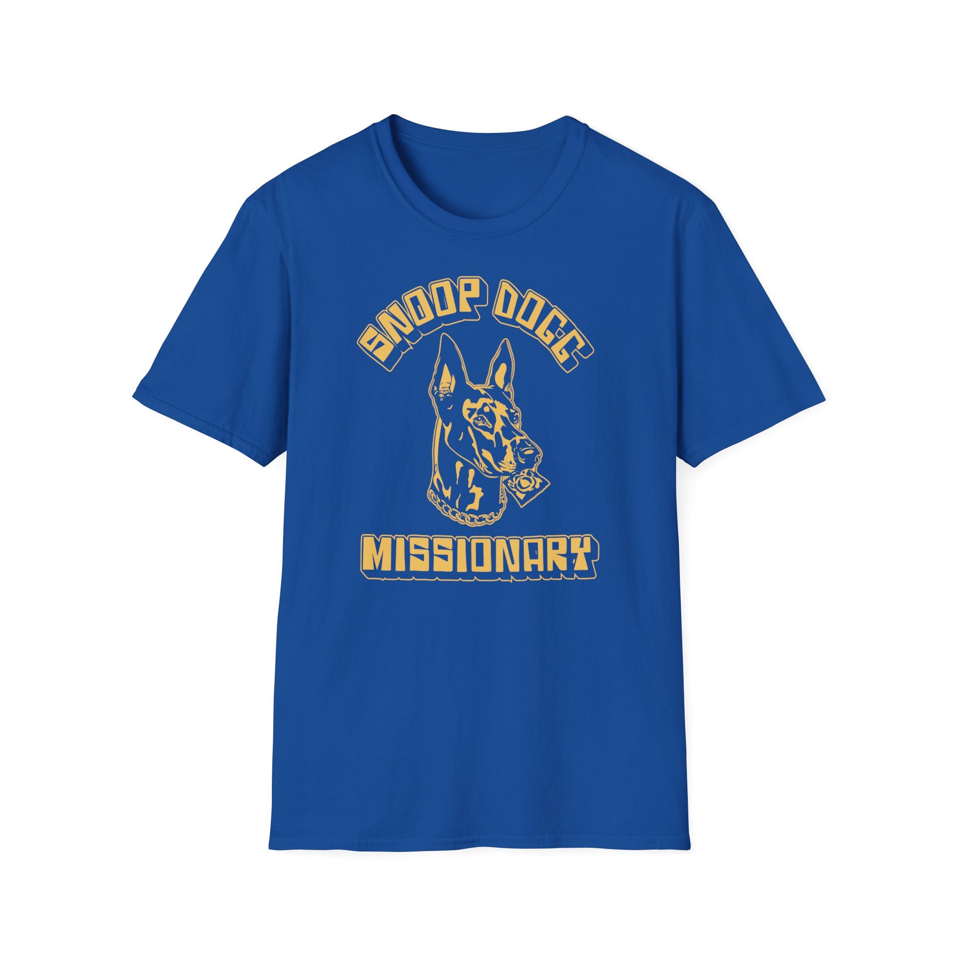 Blue t-shirt with yellow dog head with condom graphic.