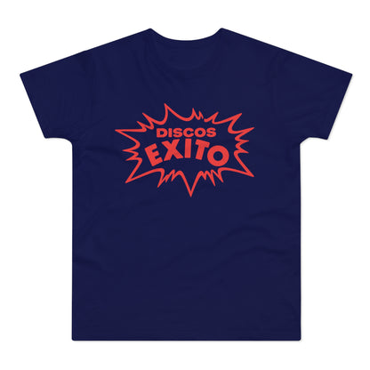 Navy t-shirt with red "DISCOS EXITO" graphic in a starburst shape.