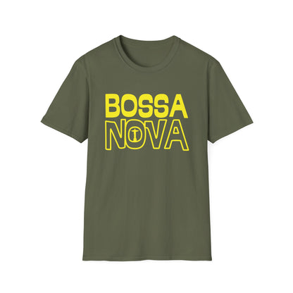 Olive green t-shirt with yellow "BOSSA NOVA" text and Christ the Redeemer outline.
