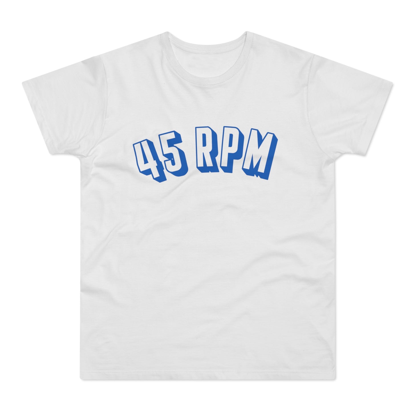 White t-shirt with blue "45 RPM" text in a blocky, arched font.