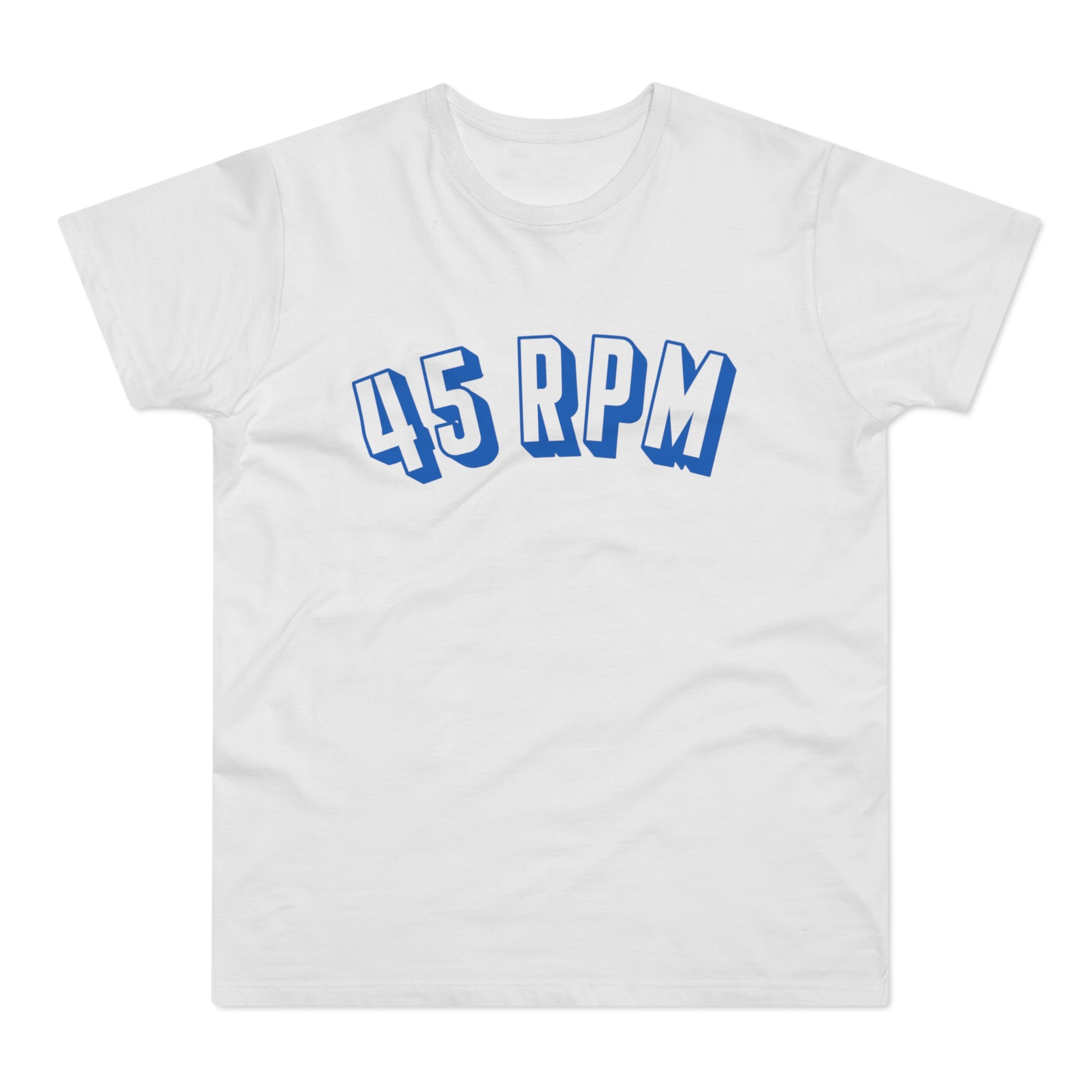 White t-shirt with blue "45 RPM" text in a blocky, arched font.