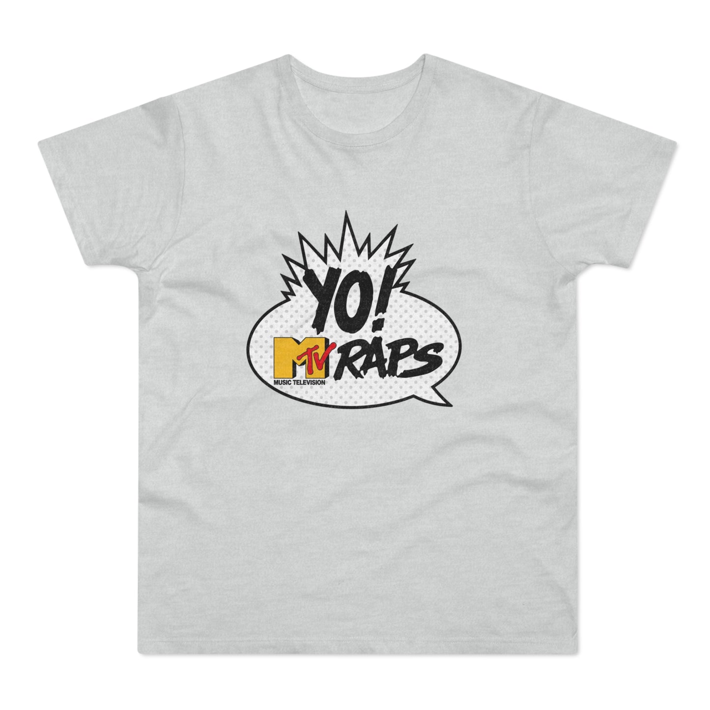 Grey t-shirt with a vintage MTV Raps "YO!" graphic in a comic-style speech bubble.