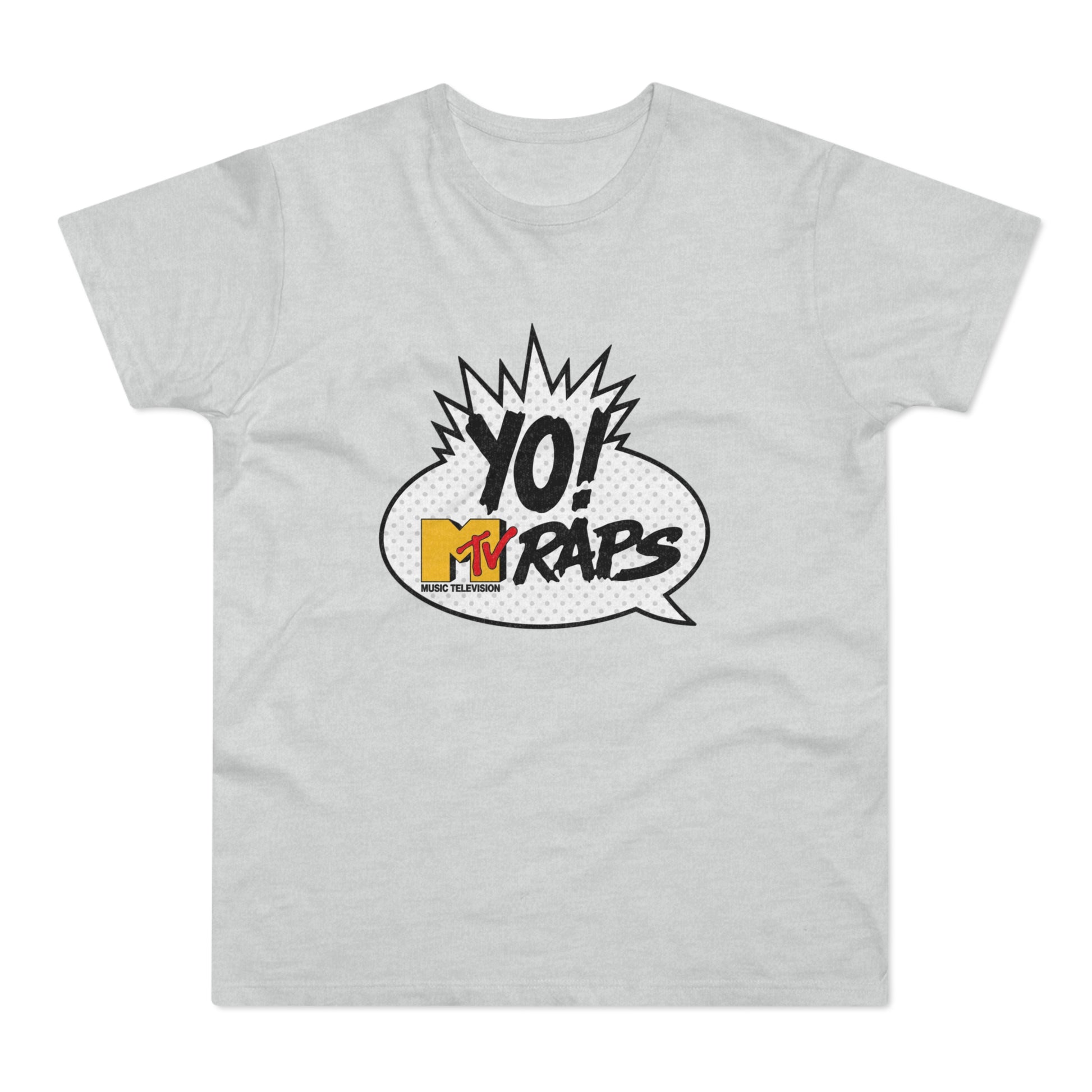 Grey t-shirt with a vintage MTV Raps "YO!" graphic in a comic-style speech bubble.