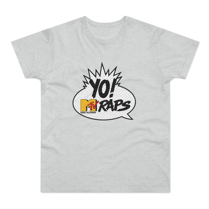 Grey t-shirt with a vintage MTV Raps "YO!" graphic in a comic-style speech bubble.