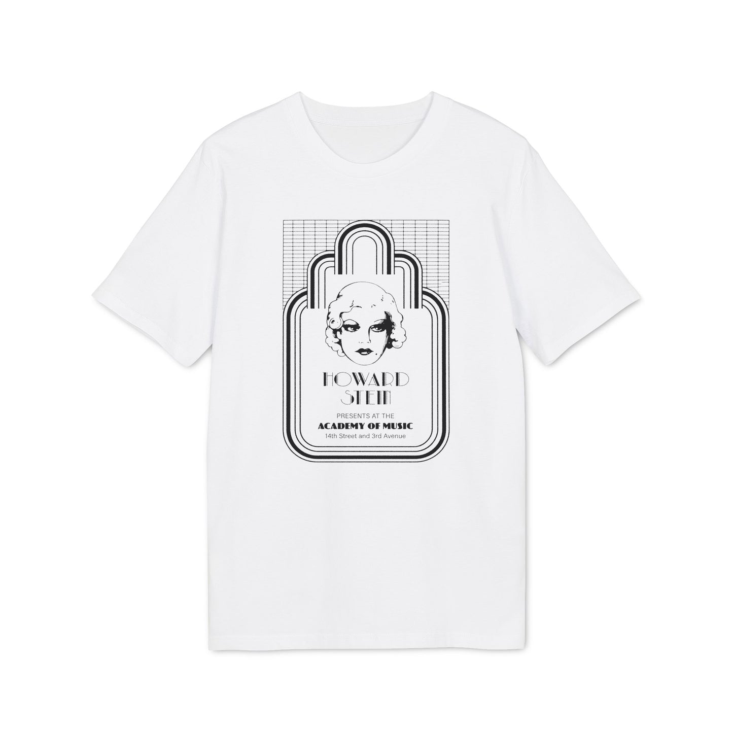 White t-shirt featuring a black graphic of Howard Stein at the Academy of Music.