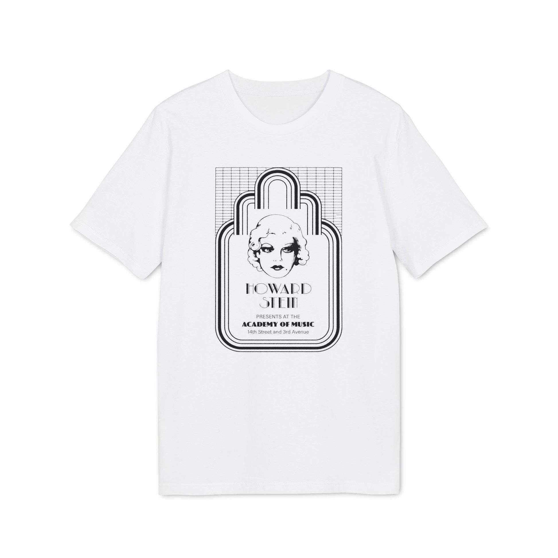 White t-shirt featuring a black graphic of Howard Stein at the Academy of Music.