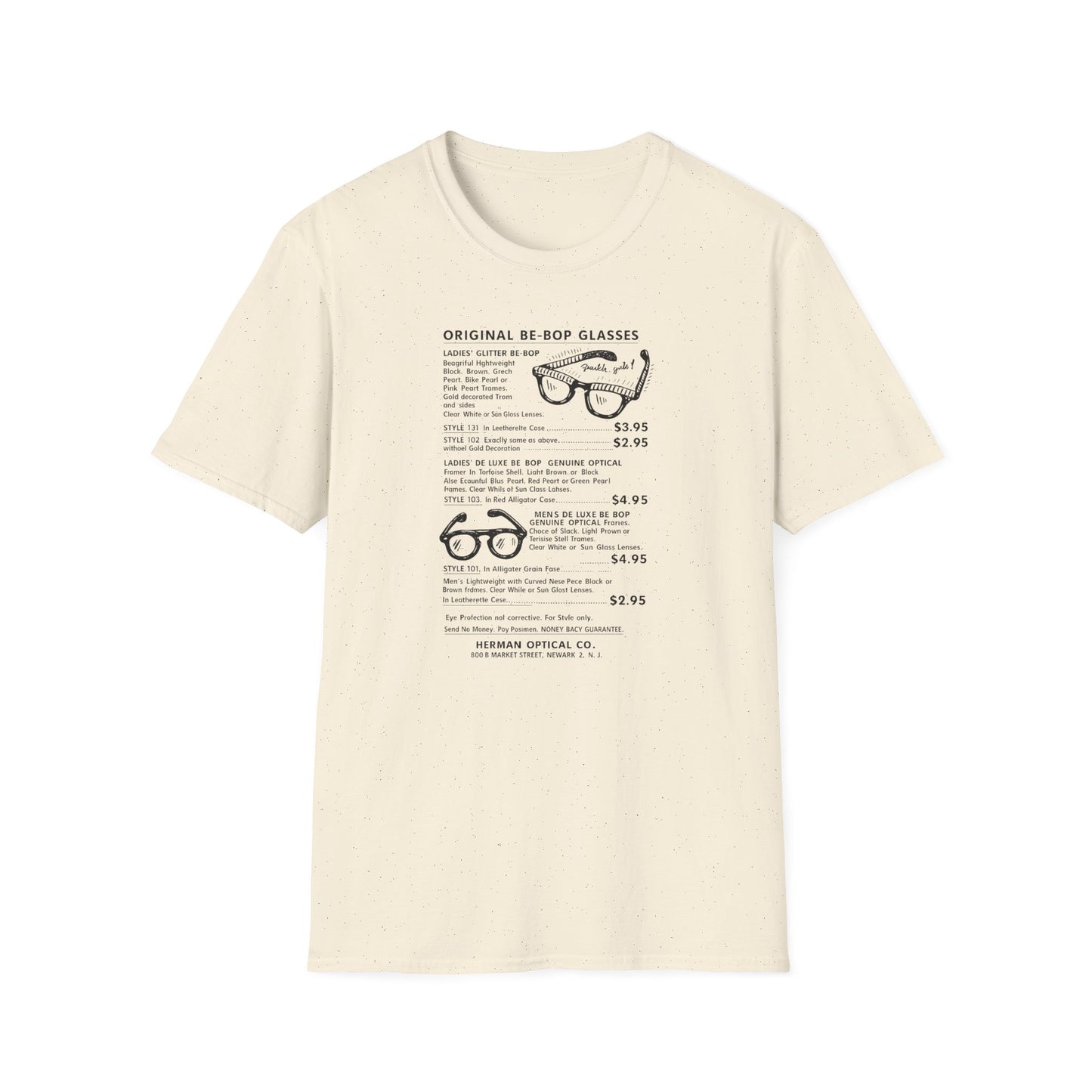 Men's and ladies' eyeglasses with descriptions and prices on a cream t-shirt.