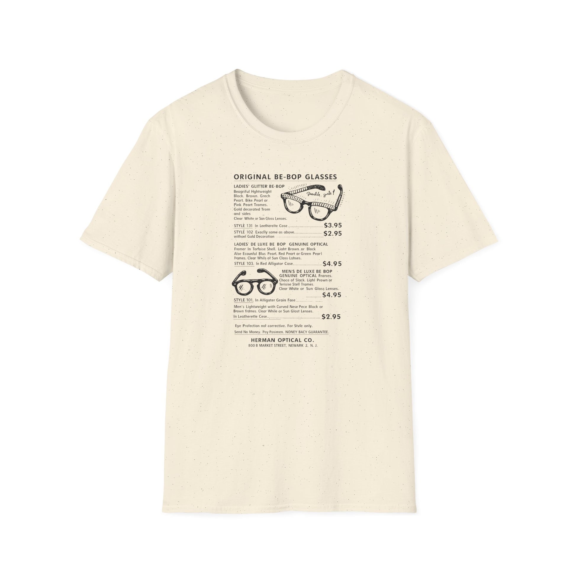 Men's and ladies' eyeglasses with descriptions and prices on a cream t-shirt.