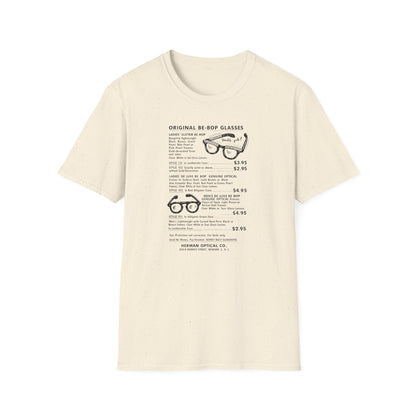 Men's and ladies' eyeglasses with descriptions and prices on a cream t-shirt.