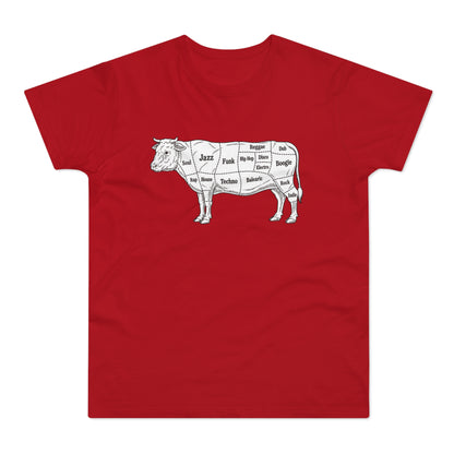 Red t-shirt with a line drawing of a cow divided into music genre sections.