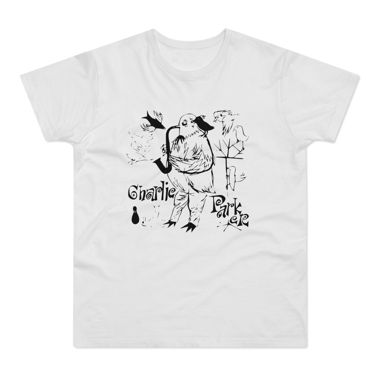 A white short-sleeved t-shirt features a black graphic of an owl-like figure playing a saxophone, surrounded by smaller birds and the text Charlie Parker.