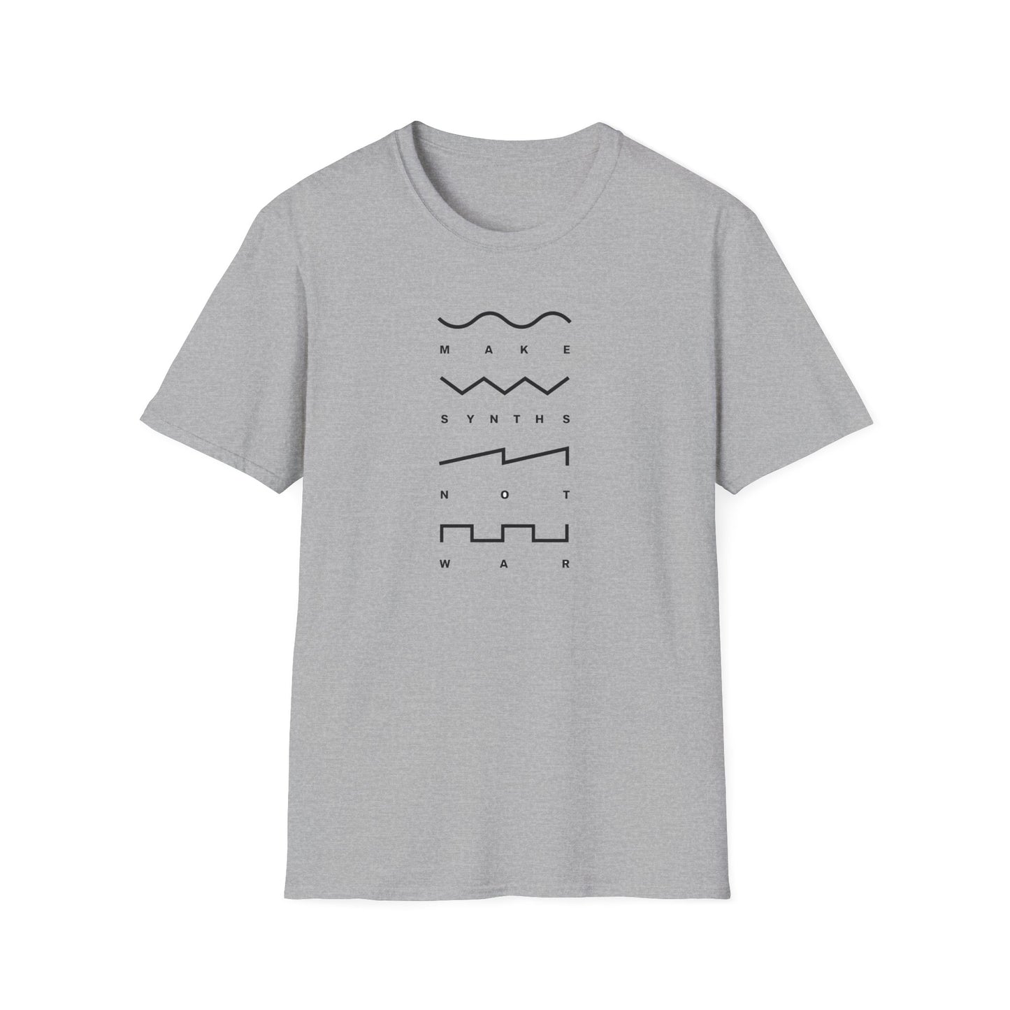 Grey t-shirt with black text and graphic elements that read "MAKE SYNTHS NOT WAR".