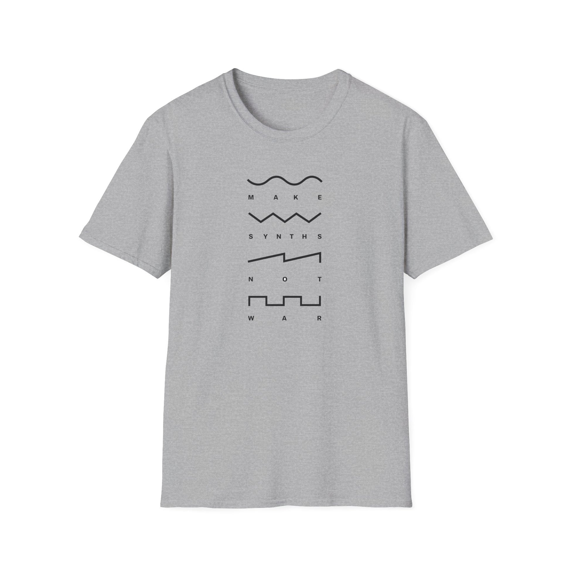 Grey t-shirt with black text and graphic elements that read "MAKE SYNTHS NOT WAR".