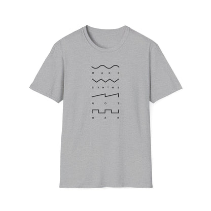 Grey t-shirt with black text and graphic elements that read "MAKE SYNTHS NOT WAR".
