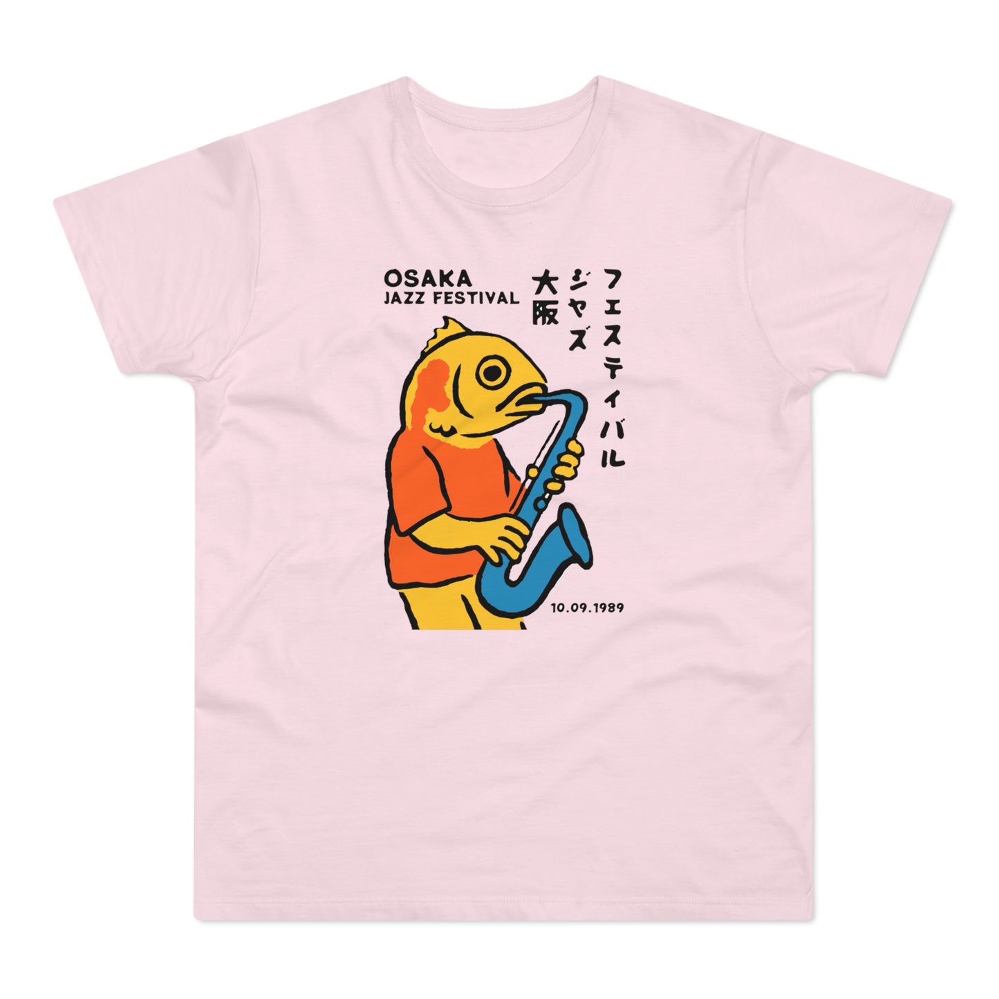 Pink t-shirt with yellow fish playing a saxophone, reads "OSAKA JAZZ FESTIVAL 10.09.1989".