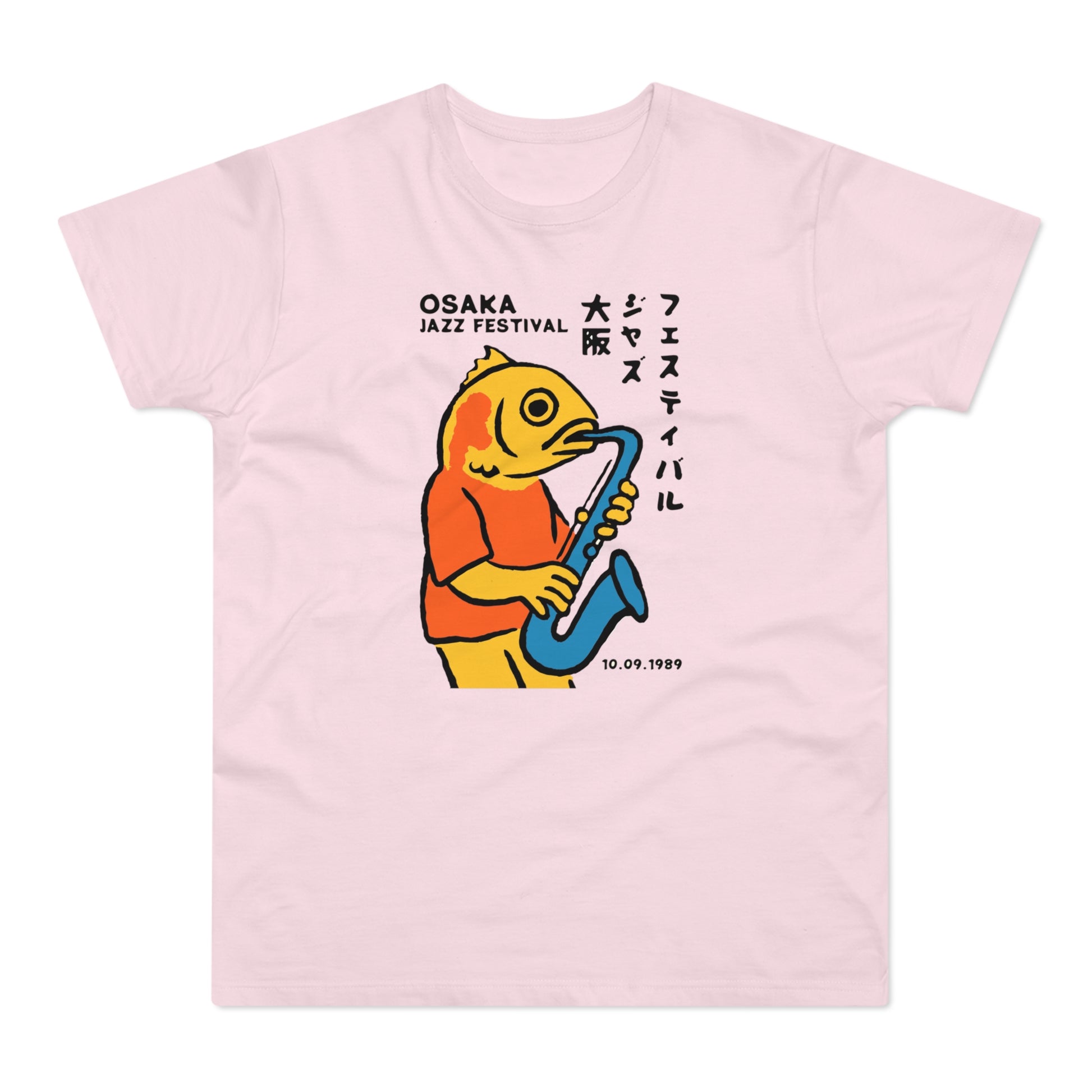 Pink t-shirt with yellow fish playing a saxophone, reads "OSAKA JAZZ FESTIVAL 10.09.1989".