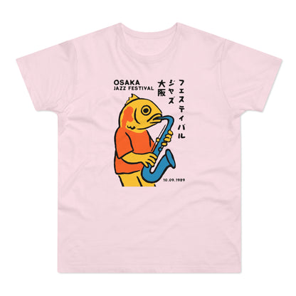 Pink t-shirt with yellow fish playing a saxophone, reads "OSAKA JAZZ FESTIVAL 10.09.1989".