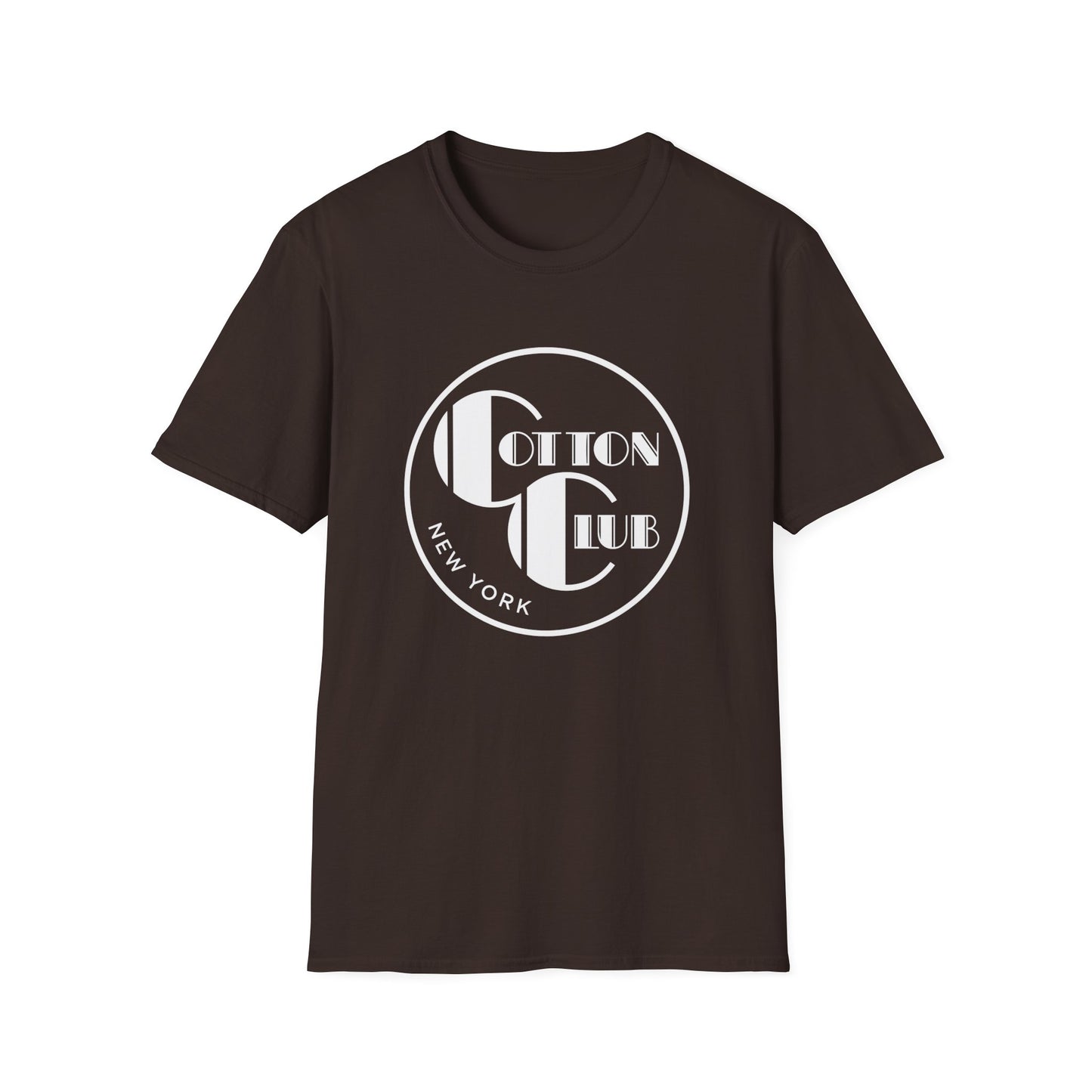 Brown t-shirt with white circular logo for Cotton Club New York
