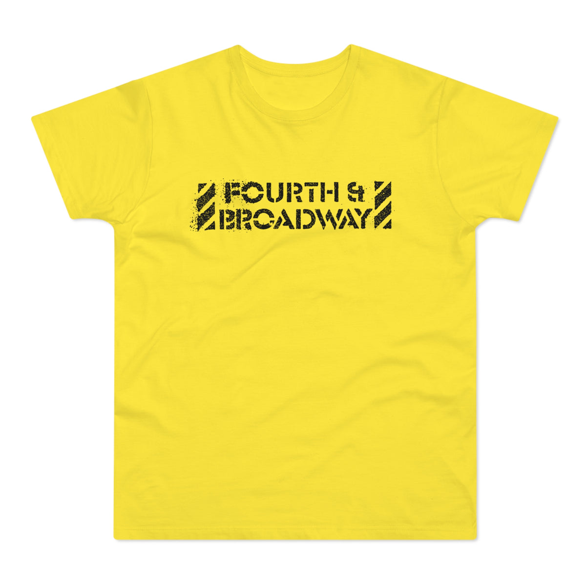 Yellow t-shirt with black "FOURTH & BROADWAY" text and diagonal stripes.