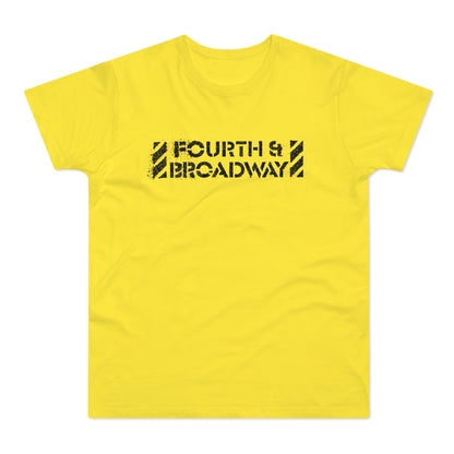 Yellow t-shirt with black "FOURTH & BROADWAY" text and diagonal stripes.