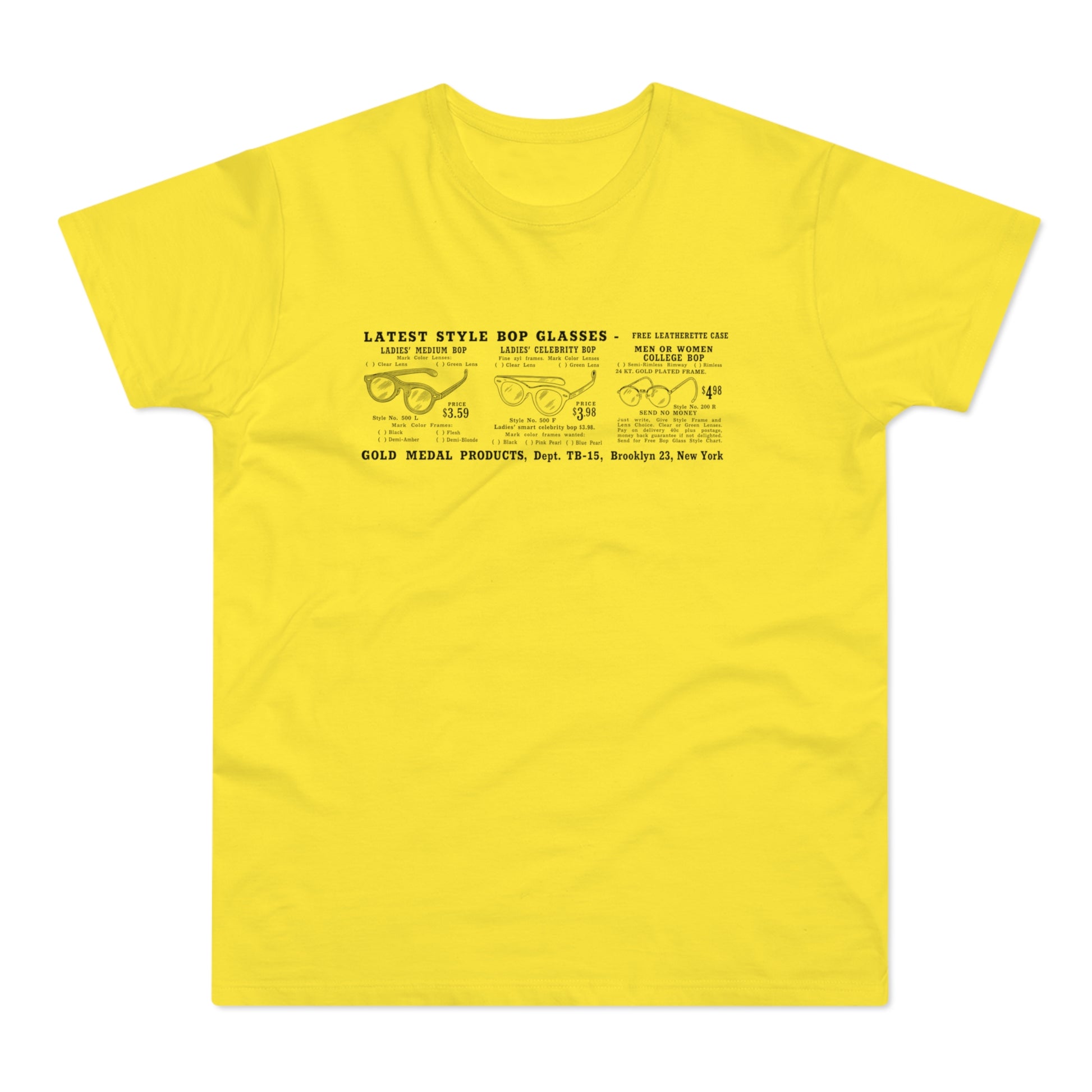 Yellow t-shirt with advertisement for eyeglasses and free case.