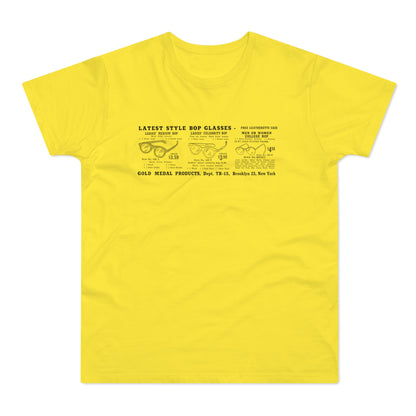 Yellow t-shirt with advertisement for eyeglasses and free case.