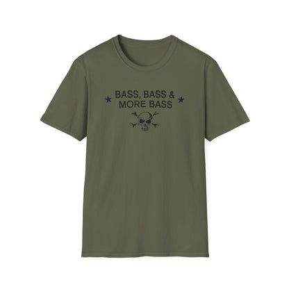Green t-shirt with distressed black print "BASS, BASS & MORE BASS" and skull with crossbones.