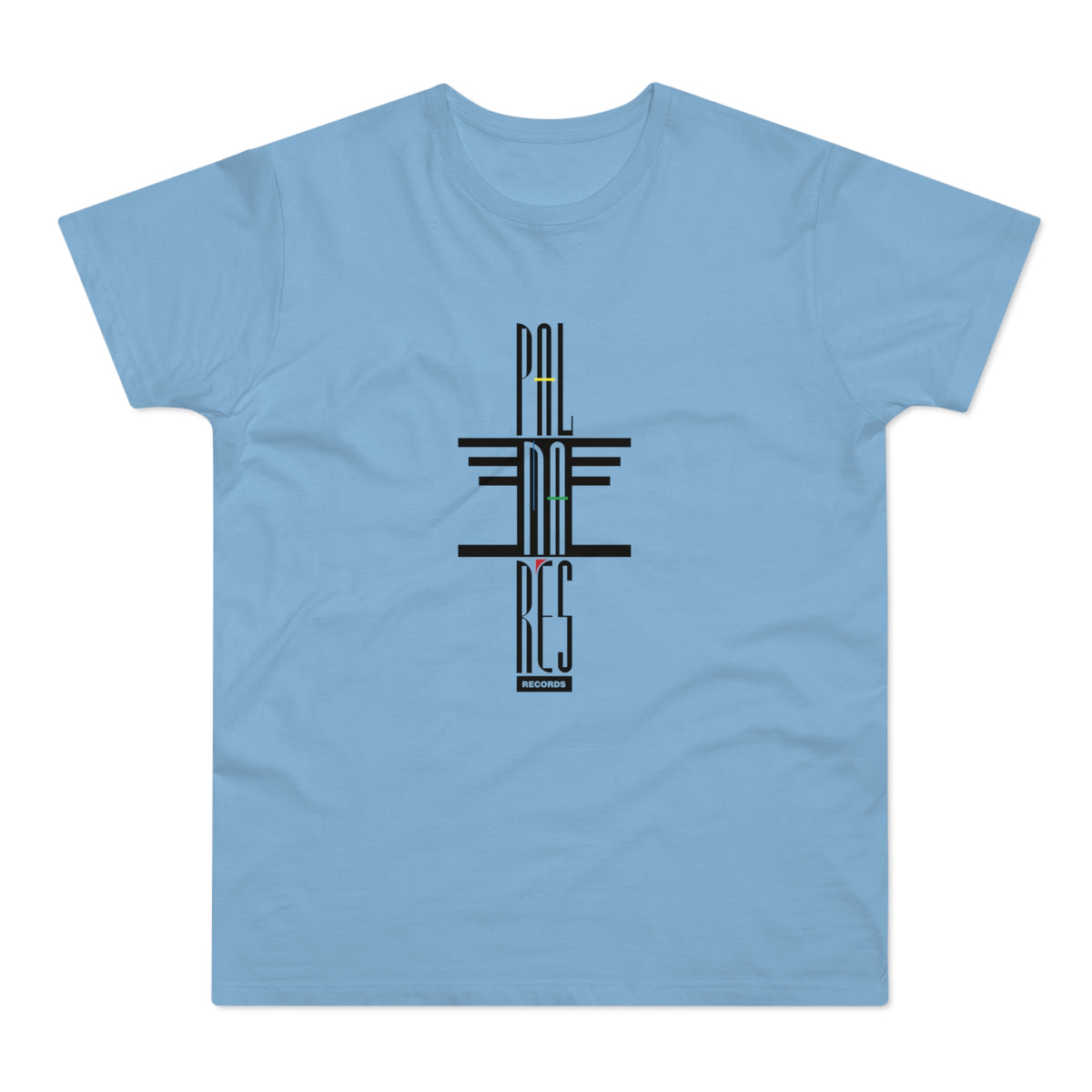A light blue short-sleeved t-shirt features a black stylized vertical design reading Palmares Records on the chest.