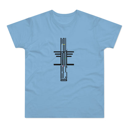A light blue short-sleeved t-shirt features a black stylized vertical design reading Palmares Records on the chest.