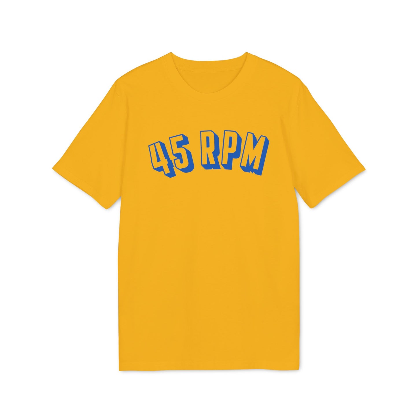 Yellow t-shirt with blue text "45 RPM" in a retro font.