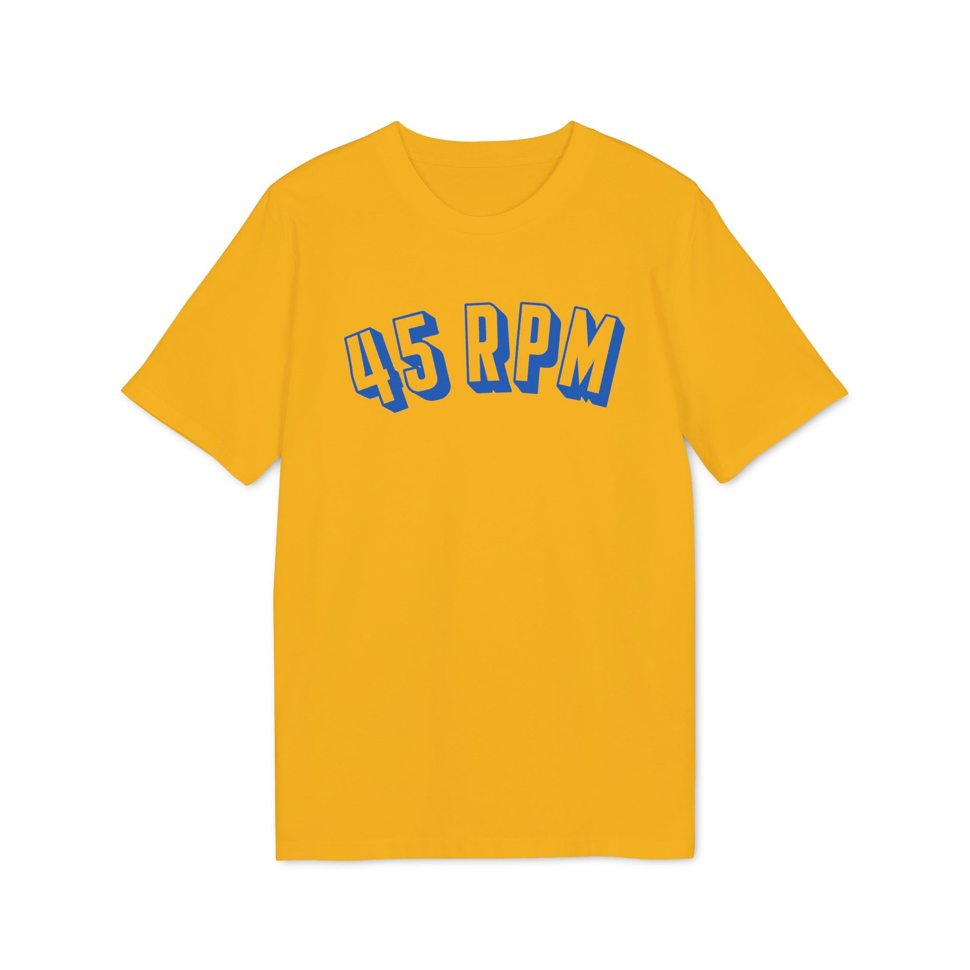 Yellow t-shirt with blue text "45 RPM" in a retro font.