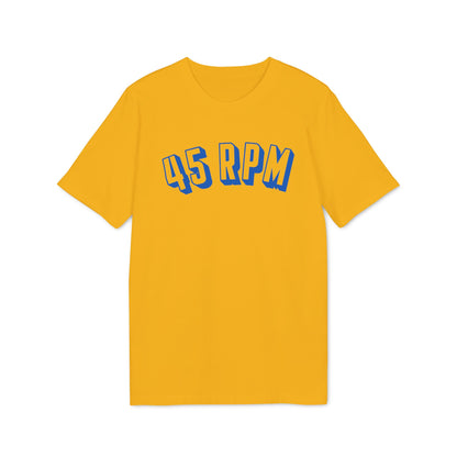 Yellow t-shirt with blue text "45 RPM" in a retro font.