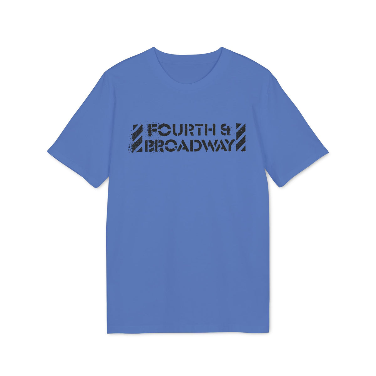 A blue short-sleeve t-shirt with a distressed black Fourth and Broadway graphic centered on the chest.