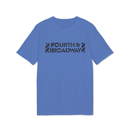 A blue short-sleeve t-shirt with a distressed black Fourth and Broadway graphic centered on the chest.