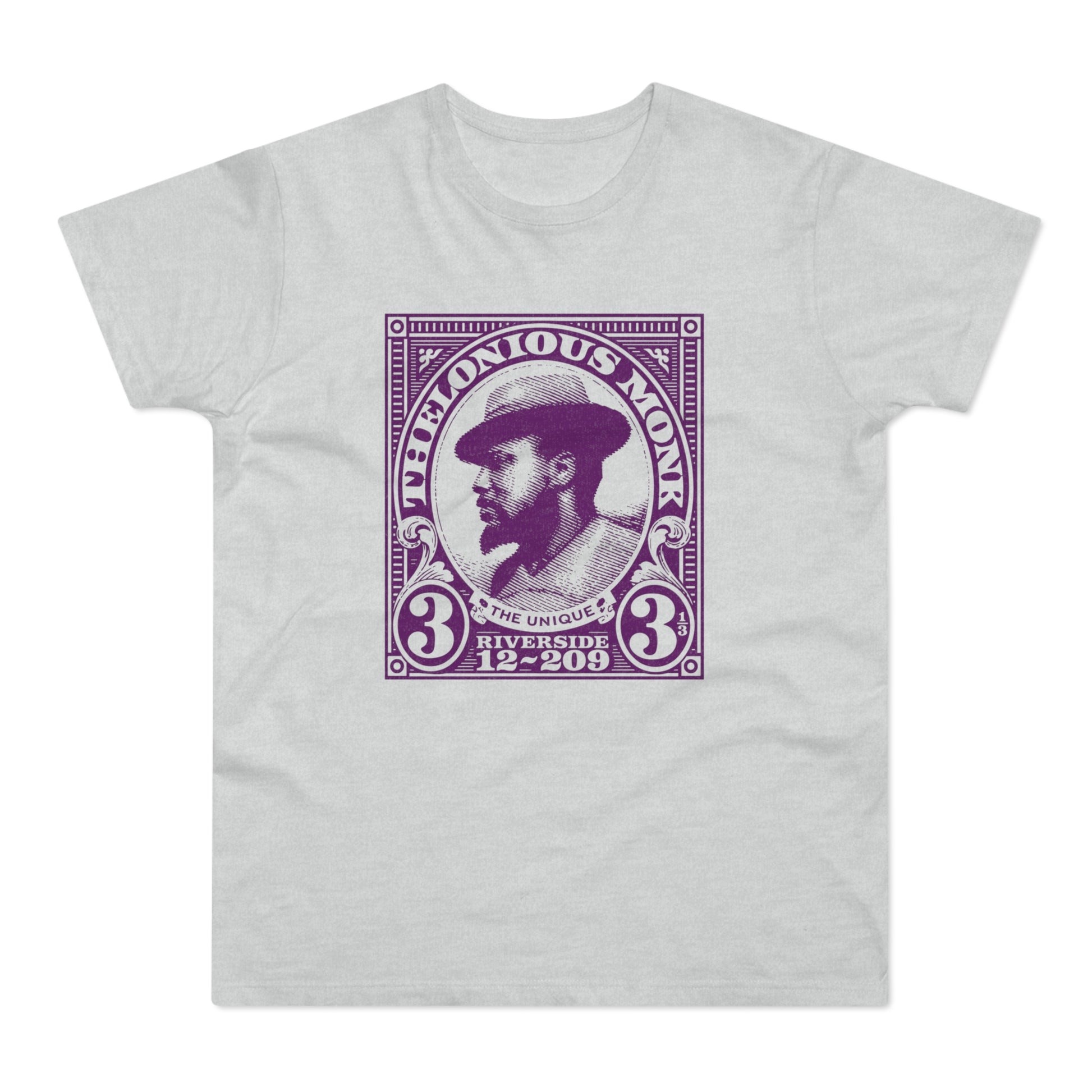 Thelonious Monk portrait inside a framed design on a gray t-shirt.