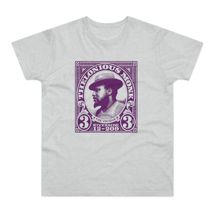 Thelonious Monk portrait inside a framed design on a gray t-shirt.