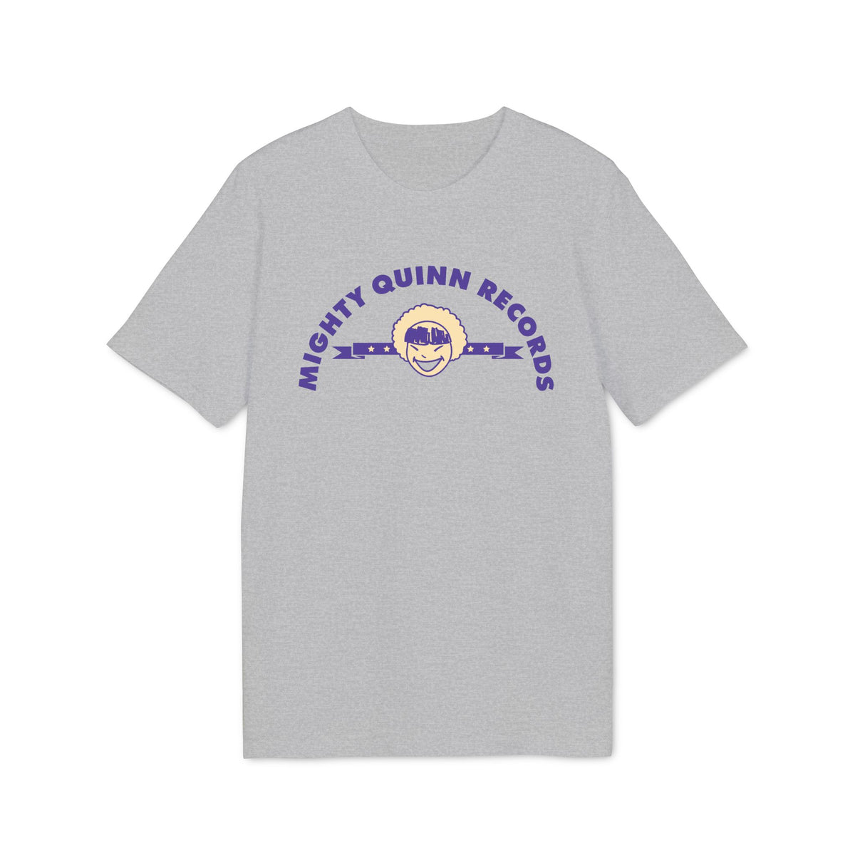 A grey short-sleeved t-shirt featuring a purple logo with text reading Mighty Quinn Records and an illustrated face.