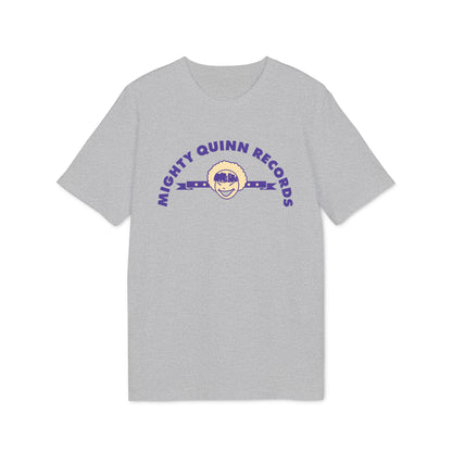 A grey short-sleeved t-shirt featuring a purple logo with text reading Mighty Quinn Records and an illustrated face.