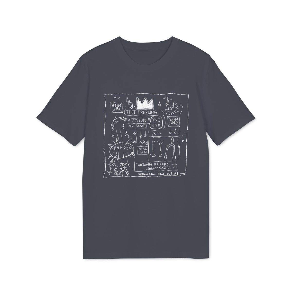 A charcoal gray short-sleeved t-shirt features a white graphic print with graffiti-style text and symbols on the chest.