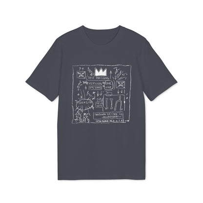A charcoal gray short-sleeved t-shirt features a white graphic print with graffiti-style text and symbols on the chest.