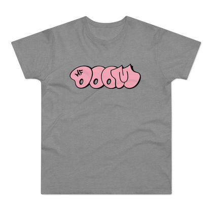 Grey t-shirt with pink graffiti style text that spells "MF DOOM".