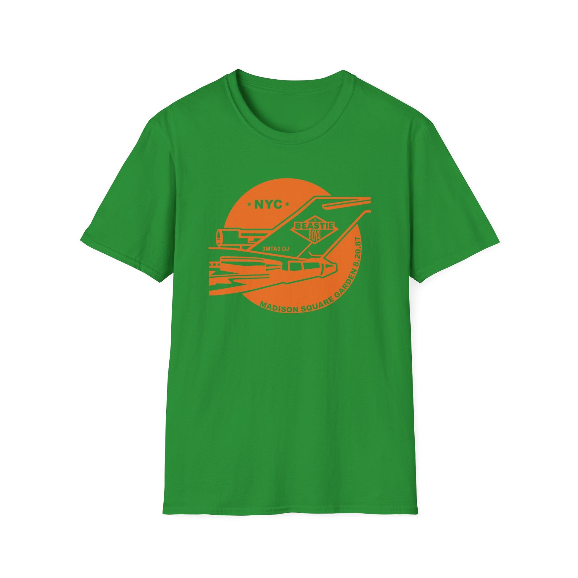 Green t-shirt with orange graphic of a jet logo, and text "NYC MADISON SQUARE GARDEN 8.20.87"