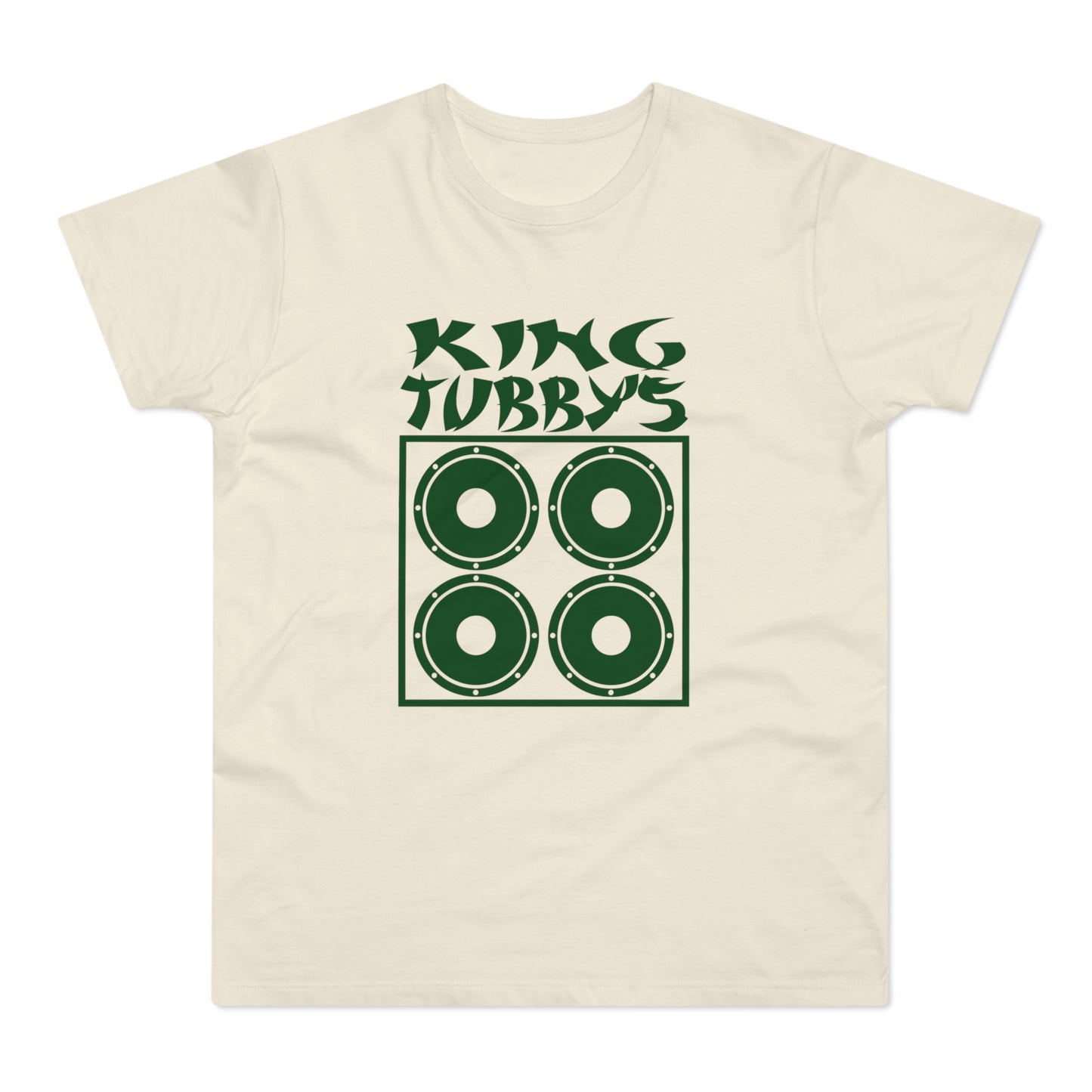 Cream t-shirt with "King Tubby's" text above a four-speaker speaker graphic.
