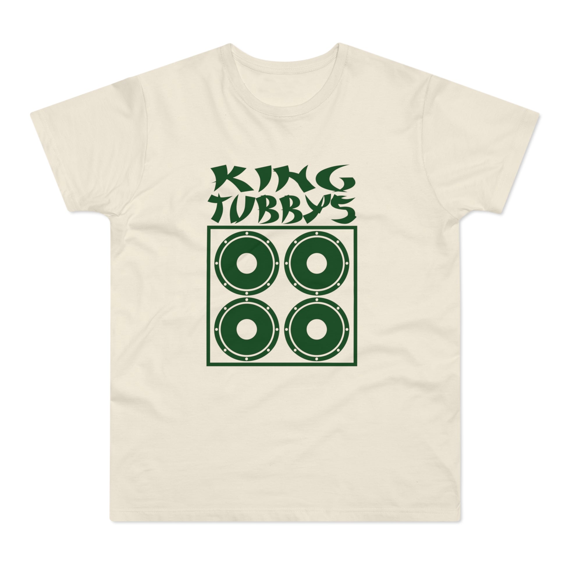 Cream t-shirt with "King Tubby's" text above a four-speaker speaker graphic.