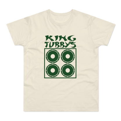 Cream t-shirt with "King Tubby's" text above a four-speaker speaker graphic.