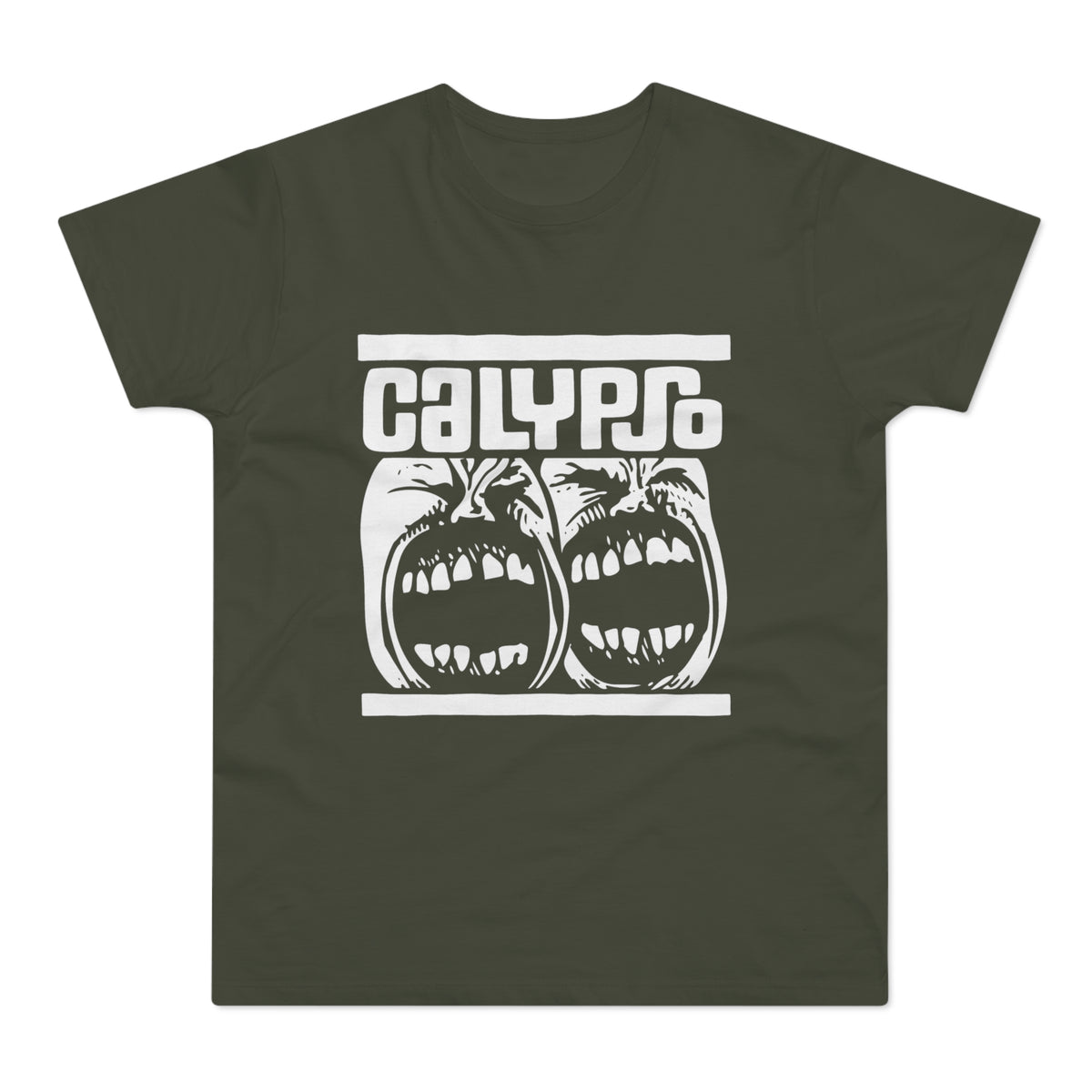 Green t-shirt with white text "CALYPSO" and two screaming faces.