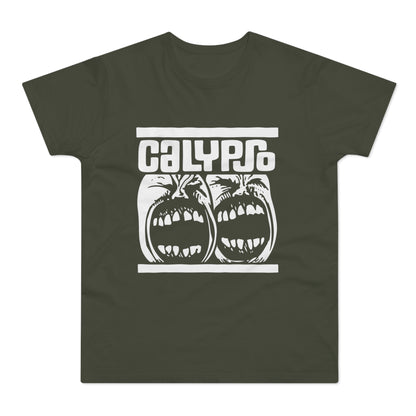 Green t-shirt with white text "CALYPSO" and two screaming faces.