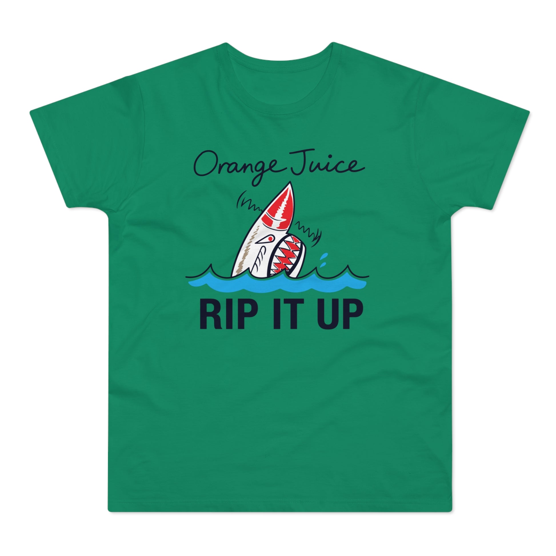 Green t-shirt with "Orange Juice Rip It Up" text and a shark graphic.